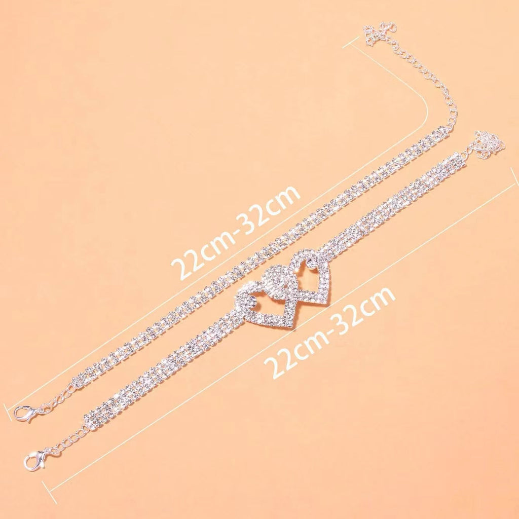 Love-heart rhinestone bracelet and anklet