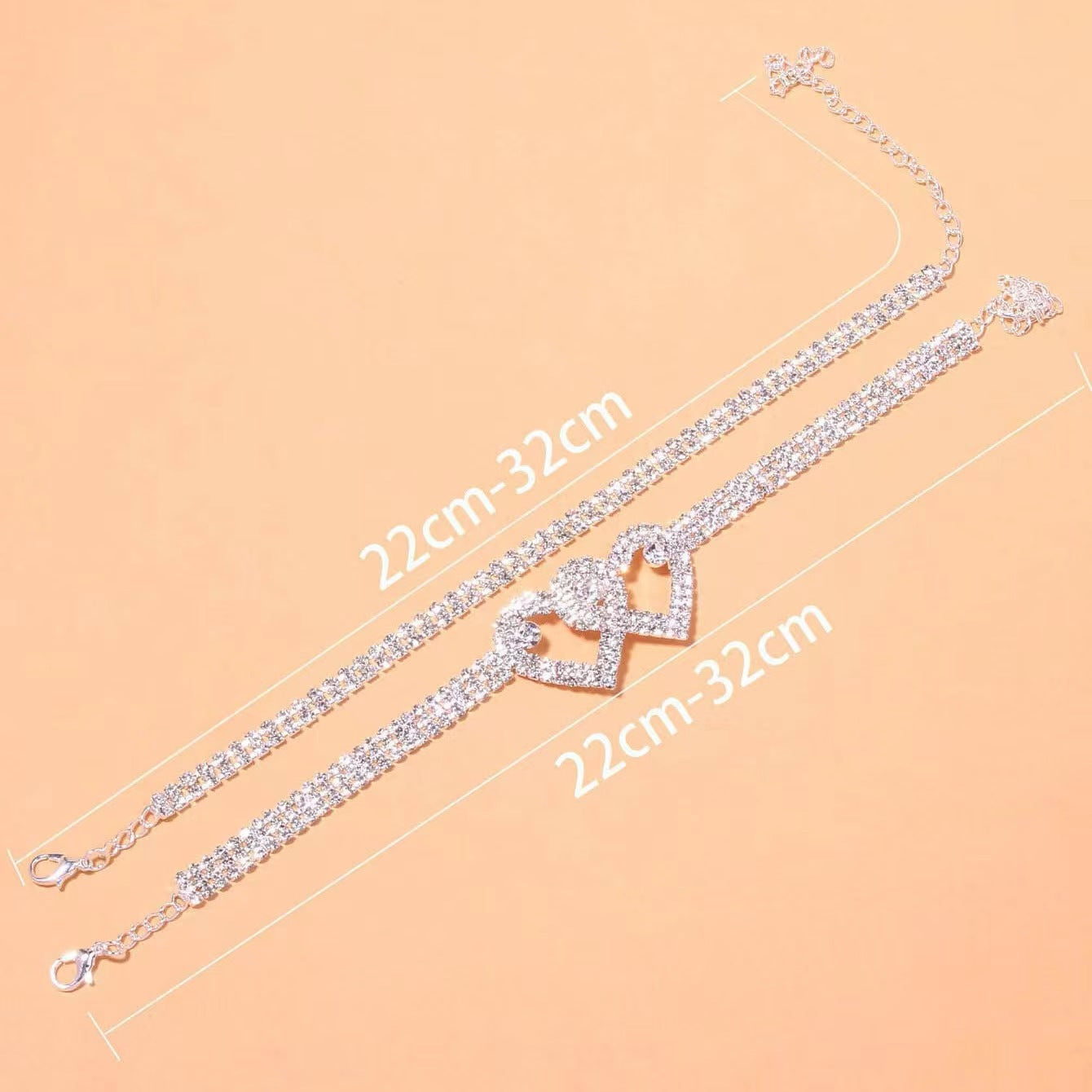 Love-heart rhinestone bracelet and anklet