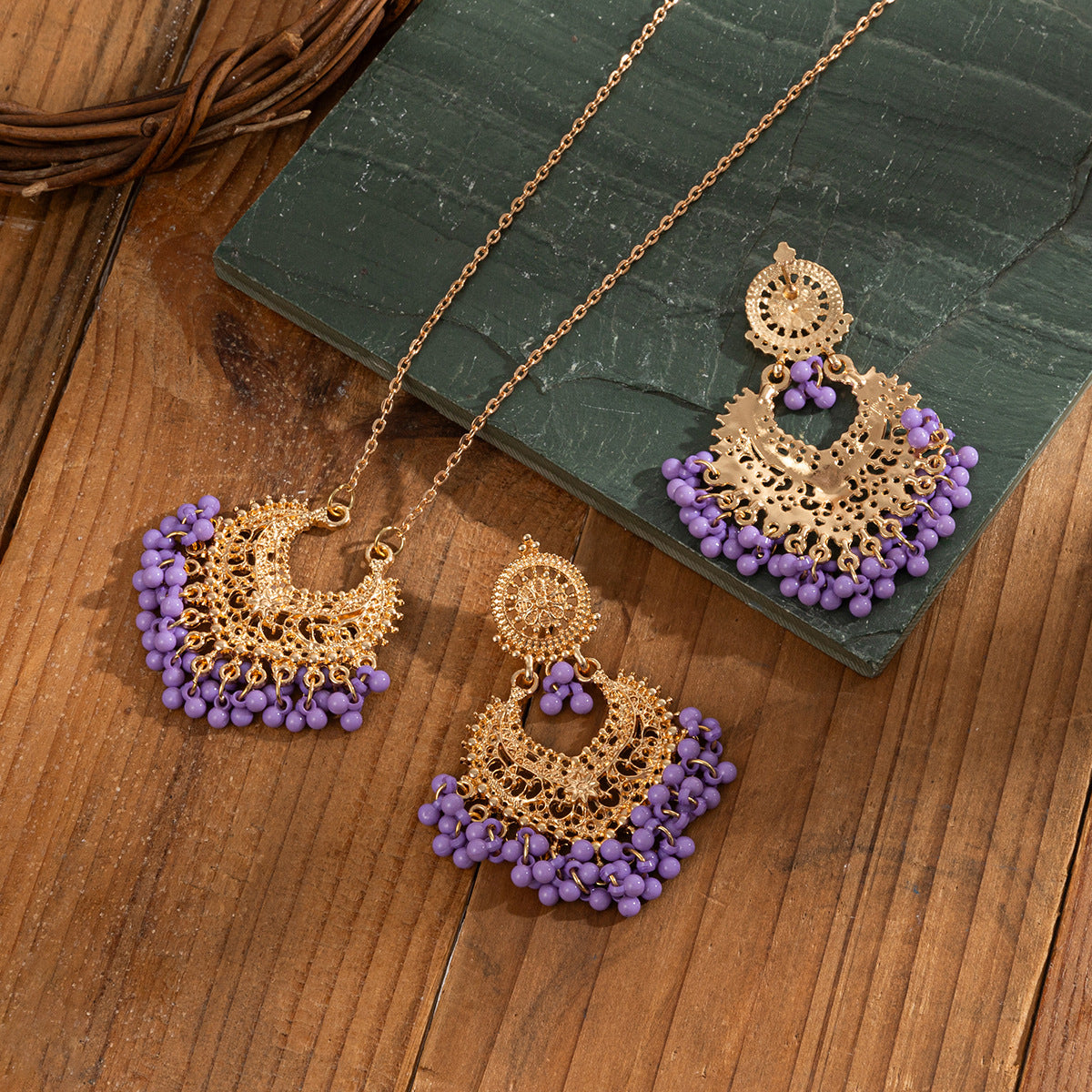 Bohemian Retro Earrings and Necklace Set with Bells